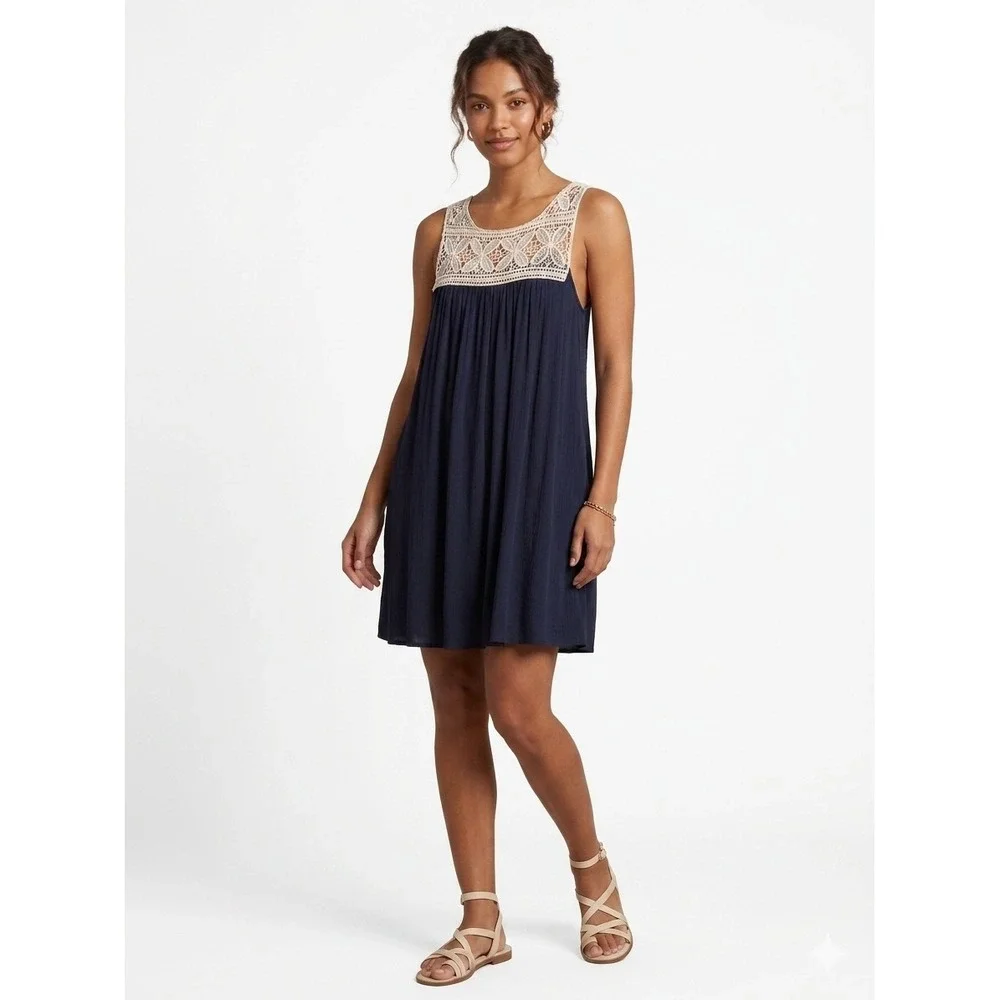 Charlotte Russe Navy Blue Crochet Lace Yoke Mini Dress Sleeveless Boho Shift‎ L